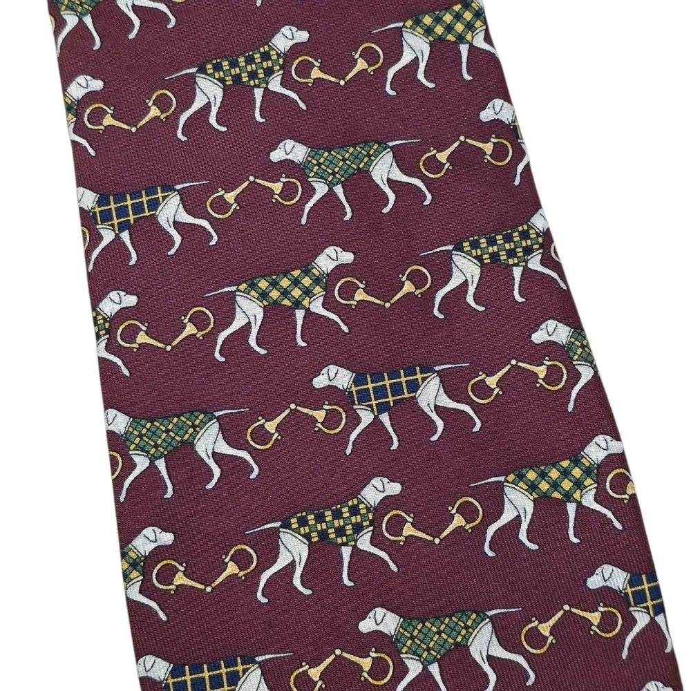 Vtg 90s Tommy Hilfiger Silk Tie Burgundy Hunting Dog Equestrian Crest USA Made